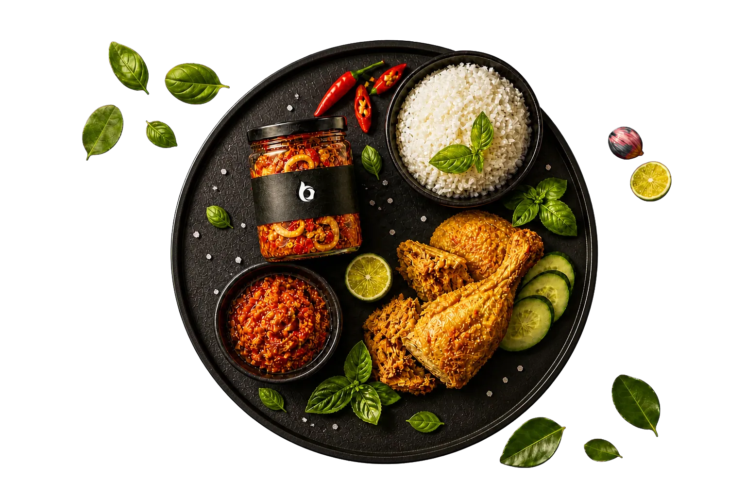 Sambal Bajak Dapur Bara bersama nasi hangat, ayam bakar, tempe, lalapan, dan sambal merah
