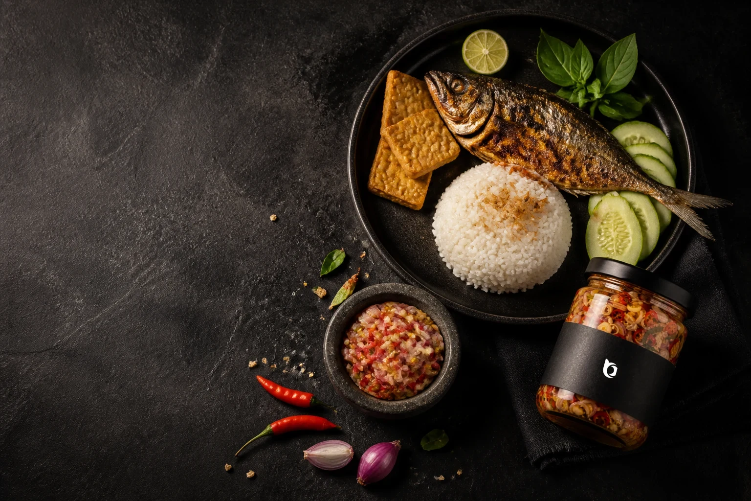 Nasi, ikan bakar, tempe, dan Sambal Matah Dapur Bara