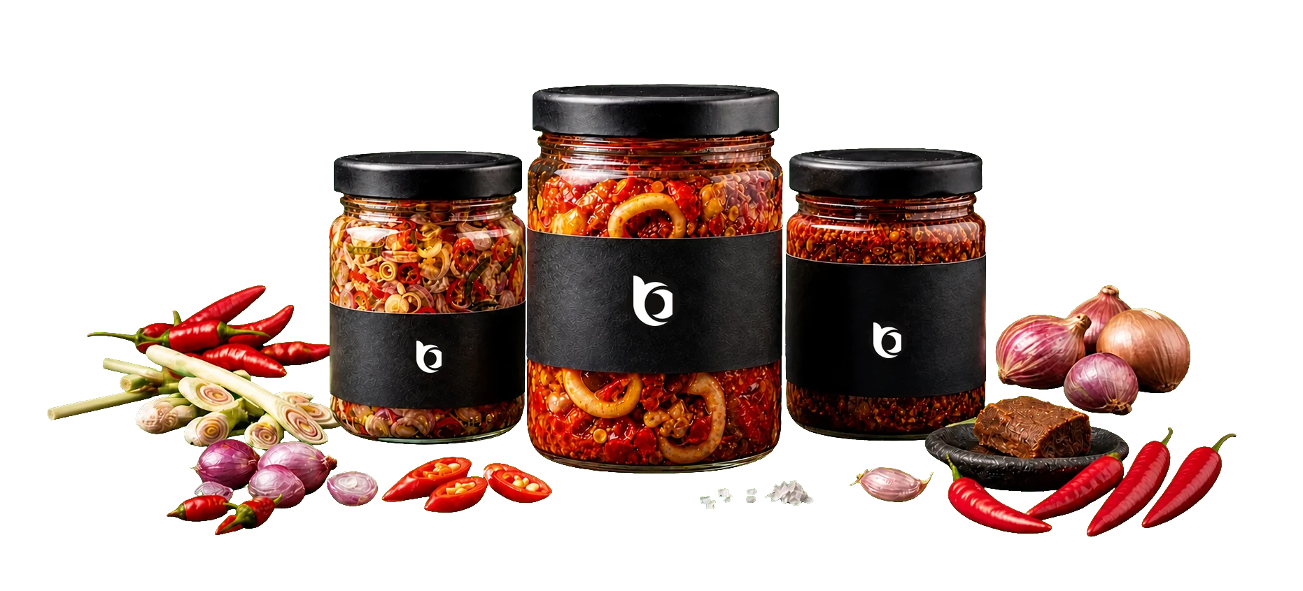 Sambal Matah, Sambal Cumi, dan Sambal Bajak Dapur Bara melayang dengan cabai, bawang, garam, serai, dan terasi