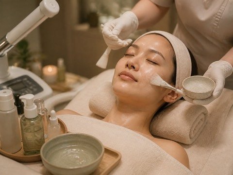 Proses facial peeling di ruang treatment Lumina